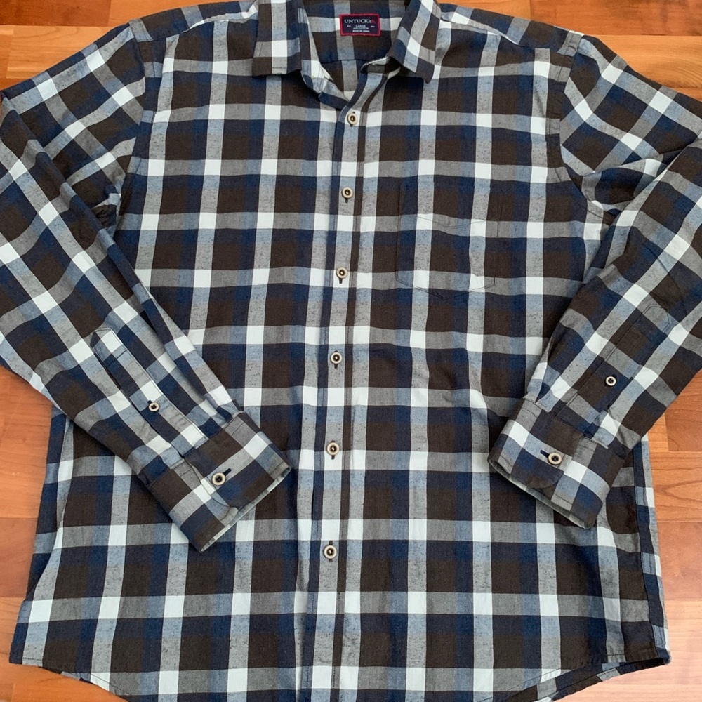 UNTUCKit Men's Plaid Button-Up Shirt Brown Blue Cotton Long Sleeve Size L